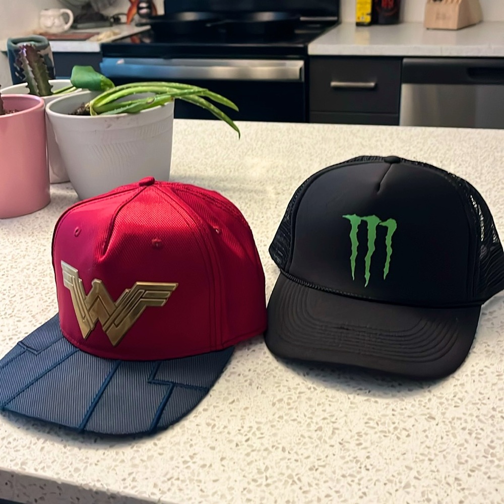 Women’s 2 Hat Combo. Licensed Wonder Woman Hat & Monster Energy Drink SnapBack.